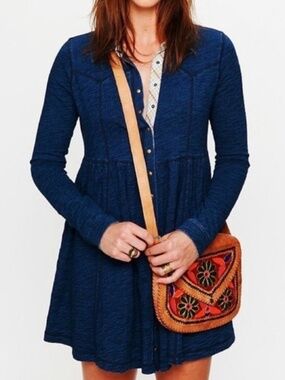Free People Indigo Knit Babydoll Shirt Dress Cotton Blue Denim Women's Small S